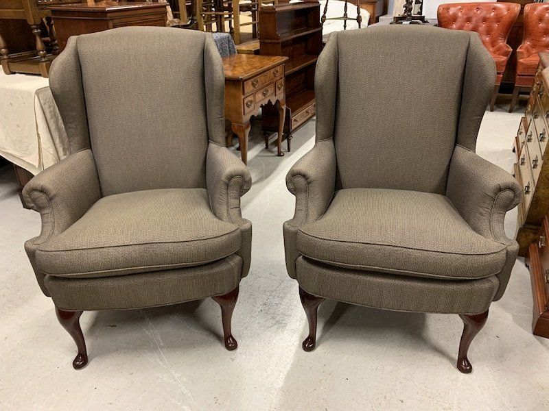 Stunning Pair of American Georgian Style Upholstered Wing Armchairs