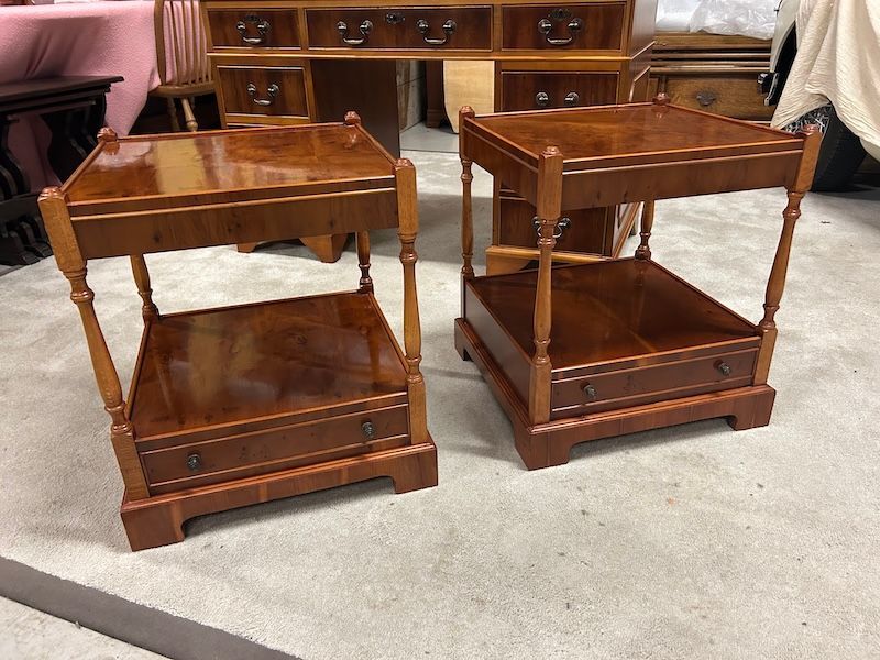A Pair of Yew Wood Side Tables with Bottom Draw by Bevan Funnell