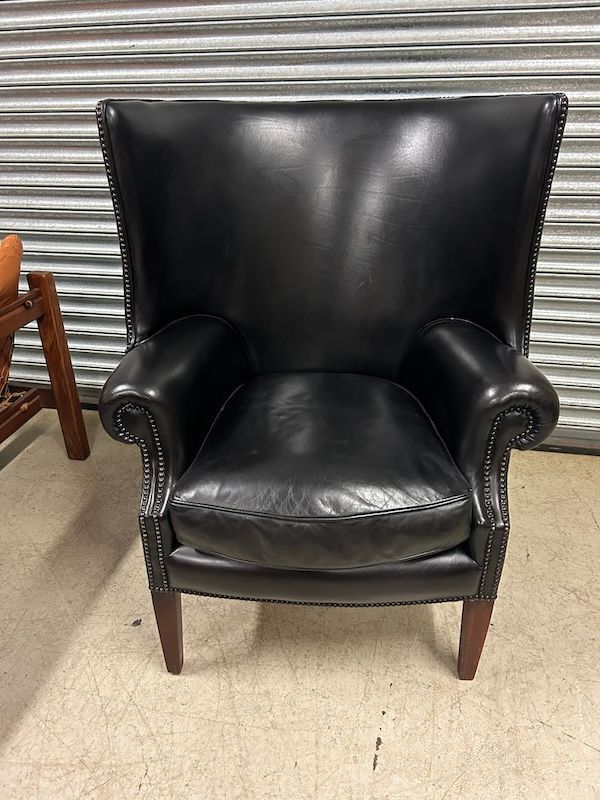 Large Black Leather Barrel Back Armchair