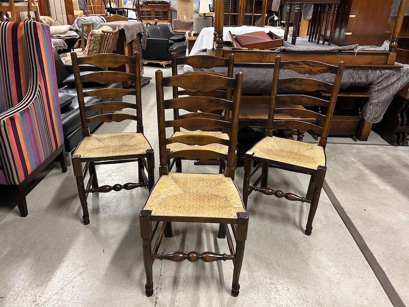 Four Oak & Rush Lancashire Ladder Back Dining Chairs by Batheaston