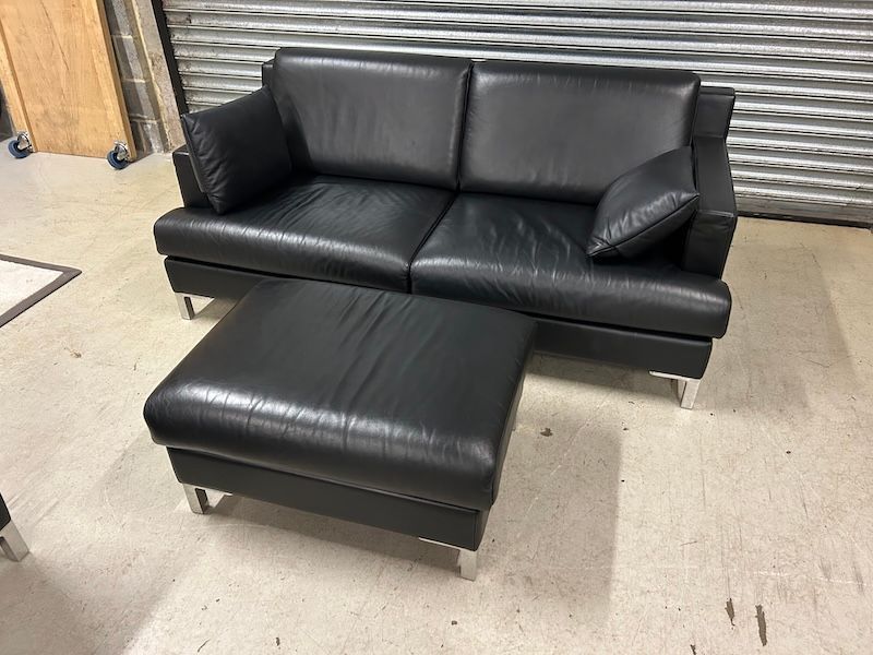 DS 740 Designer Large Black Leather Sofa & Ottoman By De Sede
