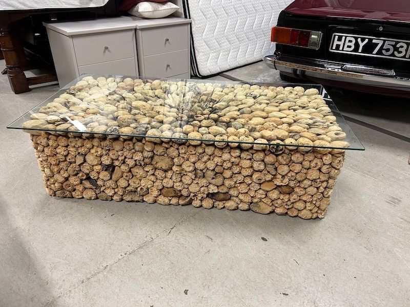 Coach House Coffee Table with Driftwood Base & Glass Top