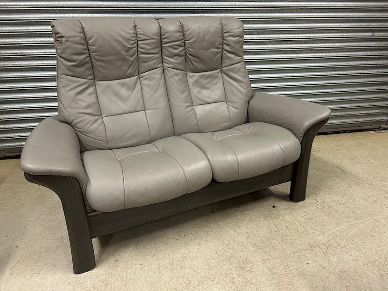 Ekornes Grey Leather Reclining Windsor High Back Sofa
