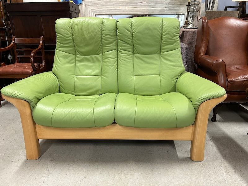 Ekornes Windsor Two Seater Green Leather Reclining Sofa