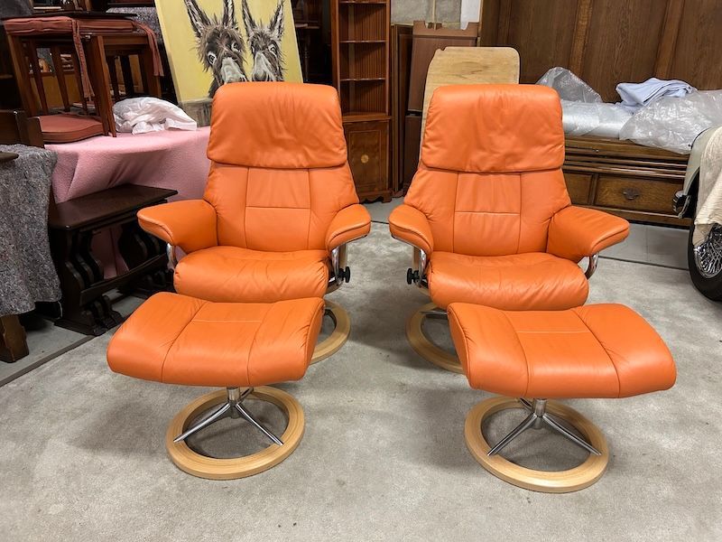 Pair of Ekornes Reclining Ruby Armchairs & Matching Footstools