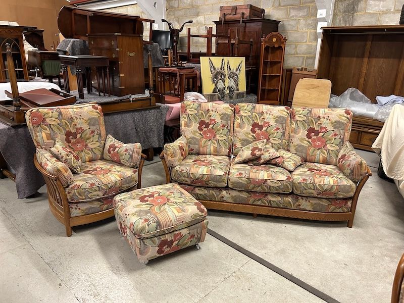 Ercol Renaissance, Golden Dawn Three Seater Sofa, Armchair & Matching Footstool