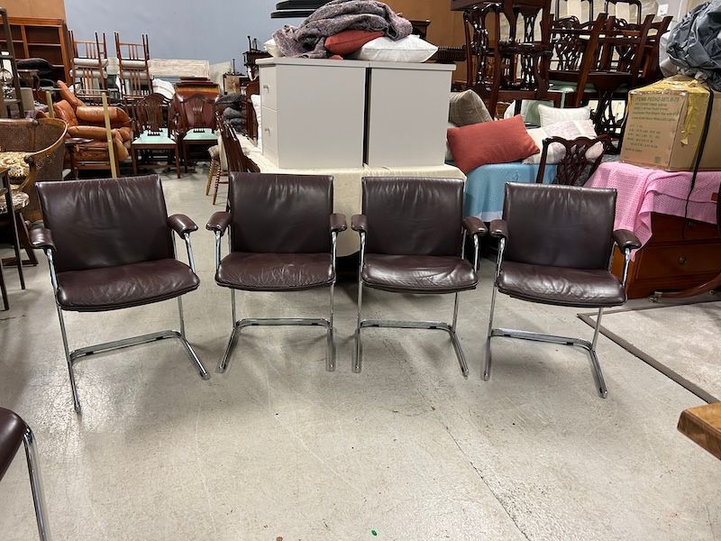 Four Quality Brown Leather & Chrome Cantilever Chairs by Boss Design, Harrods