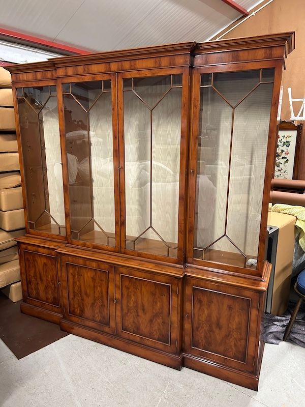 Stunning, Burr Yew Wood Breakfront Display Cabinet by G T Rackstraw