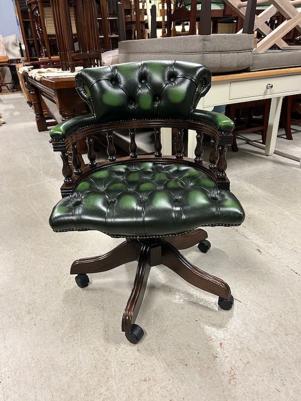Good Quality Oak & Leather Chesterfield Captains Desk Chair