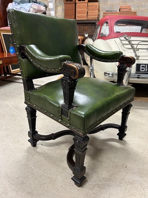 Antique Carved Walnut & Green Leather Library Chair