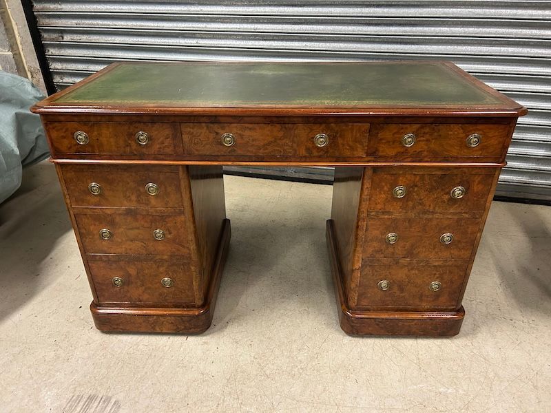 Stunning 4X2 ft Antique Burr Walnut Pedestal Desk by Heals
