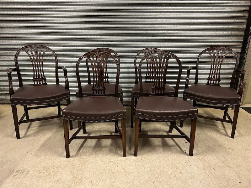 Six Antique Mahogany & Hide Hepplewhite Style Camel Back Dining Chairs