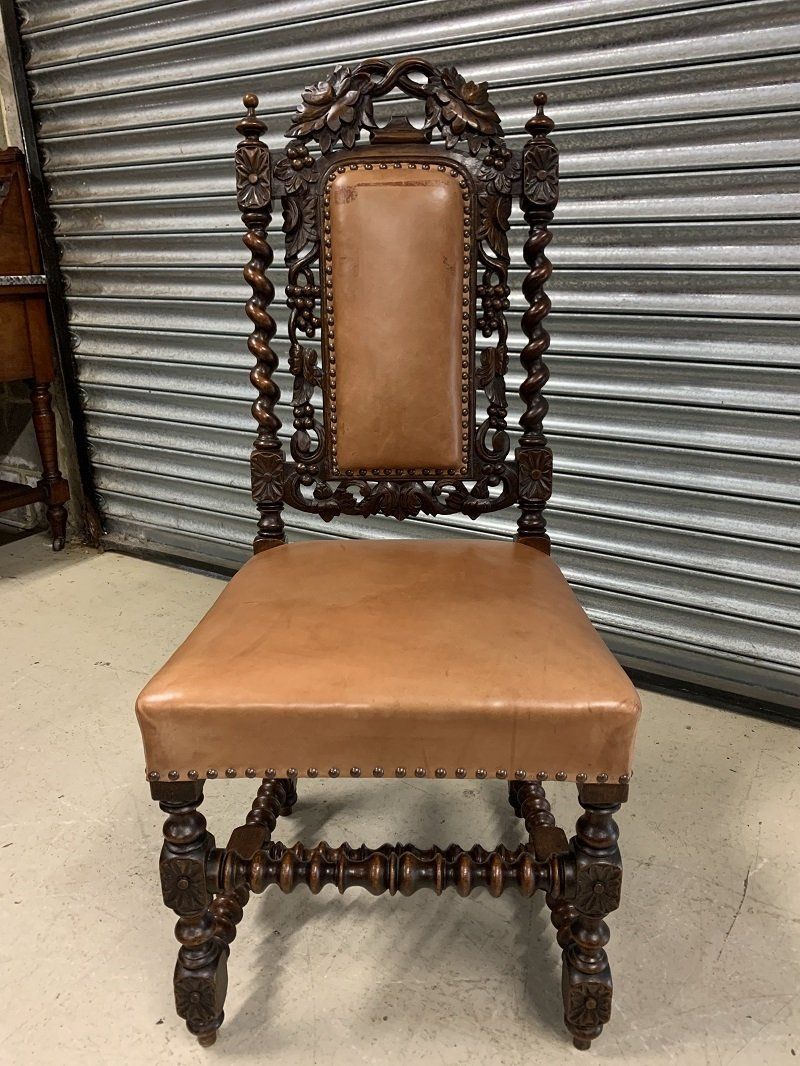 Antique Victorian Solid Carved Oak & Leather Hall Chair