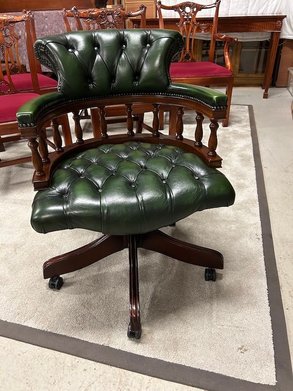 Green Leather & Mahogany Chesterfield Captains Chair