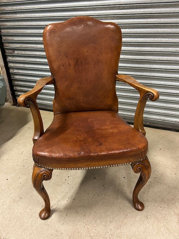 Antique Queen Anne Style Walnut & Leather Fireside Armchair