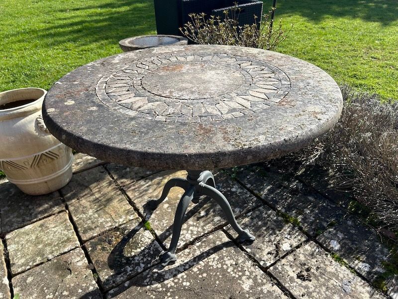 Lovely Mosaic Patterned Stone Garden Table on a Cast Iron Base