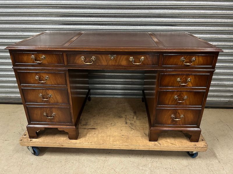 Vintage Flamed Mahogany Georgian Style Pedestal Desk by Bevan Funnell