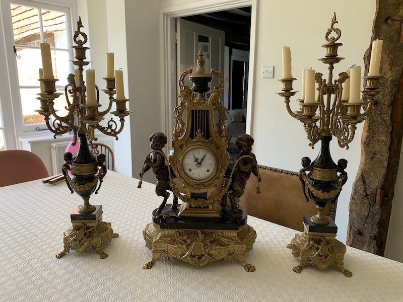 Franz Hermle Imperial Bronze Cherub Mantle Clock with Candelabra Garnitures