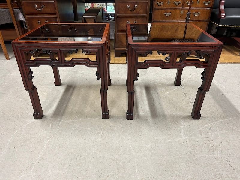 A Pair of Vintage Rosewood Oriental Side Tables with Glass Tops