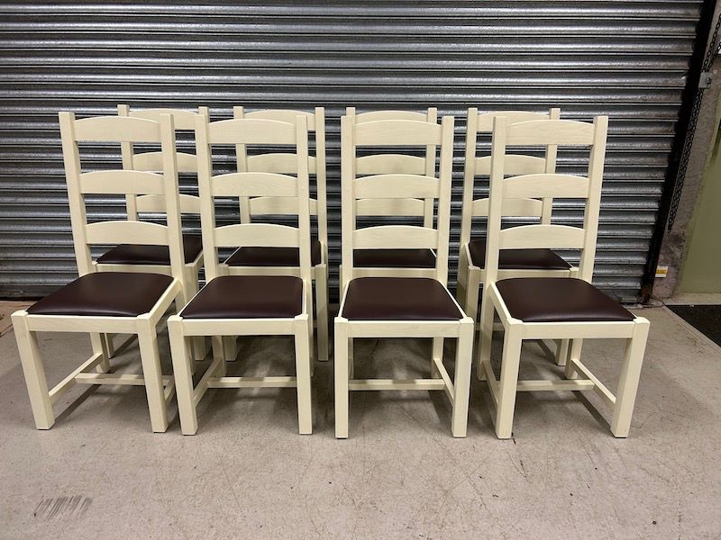 Set of Eight Solid Oak & Faux Leather Ladder Back Dining Chairs