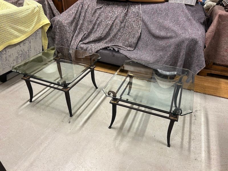Pair ofHarrods Italian Glass & Wrought Iron Side Tables 