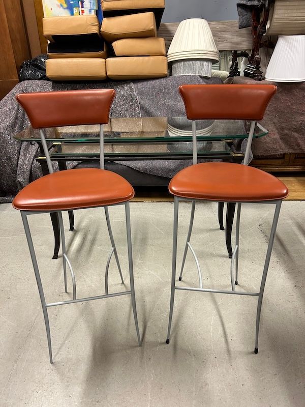 A Pair of Leather & Grey Metal Framed Italian Made Bar Stools by Arper