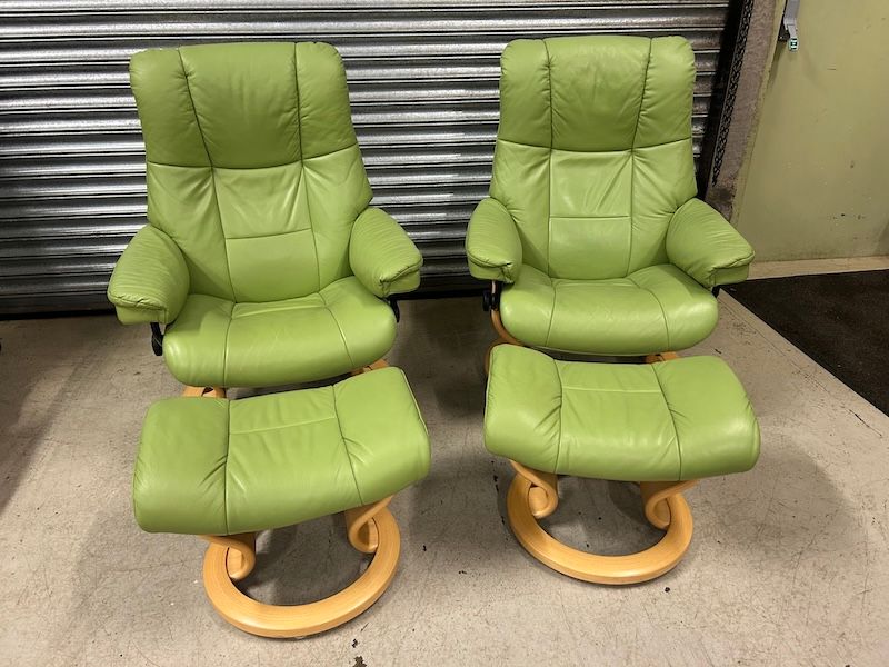 A Pair of Ekornes ' Mayfair' Lime Green Leather Relining Armchairs & Footstools