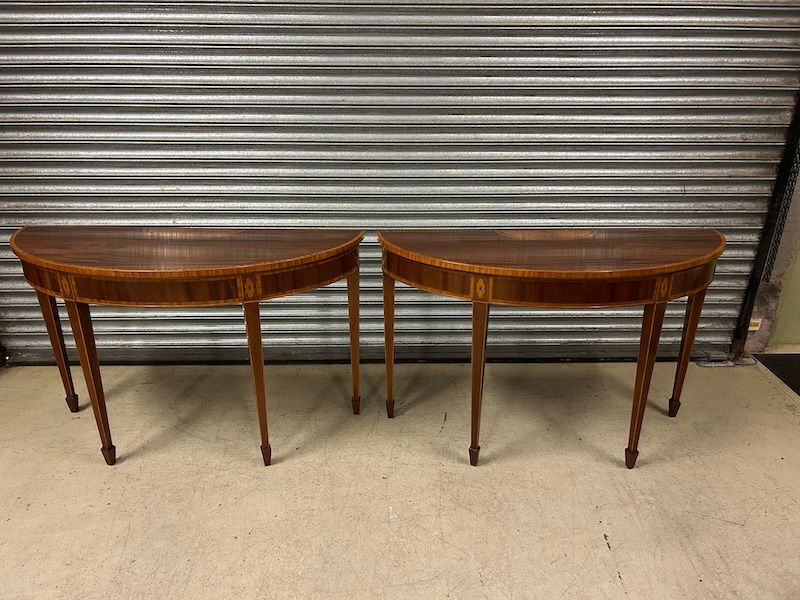 A Pair of Super Quality Mahogany & Satinwood Demi Lune Console Tables by William Tillman