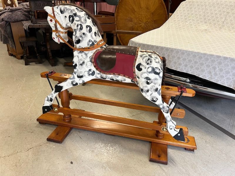 Vintage, Traditional Dapple Grey Rocking Horse on Wooden Stand in Original Condition
