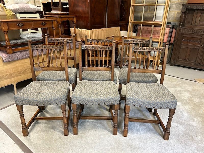 A Set of Six Solid Oak Cromwellian Style Dining Chairs by Mellowcraft