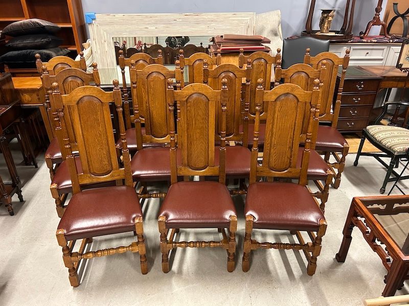 Stunning Set of Twelve Solid Oak & Faux Leather Panel Back Dining Chairs