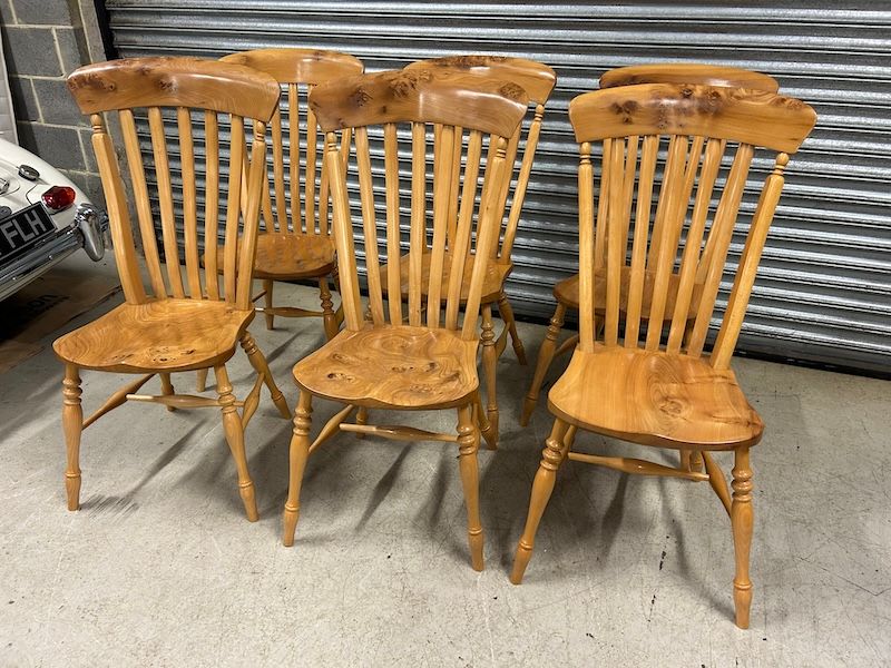 Six Burr Elm & Beech Stewart Linford Windsor Lath Back Chairs