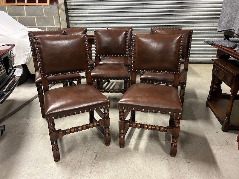 Eight Titchmarsh & Goodwin Oak & Leather Cromwellian Dining Chairs