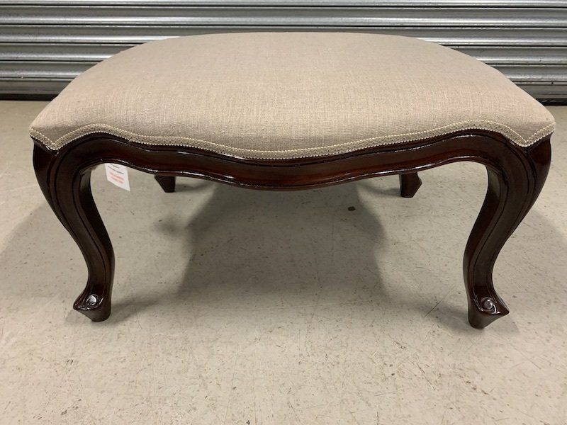 Victorian Style Mahogany & Grey Linen Upholstered / Footstool