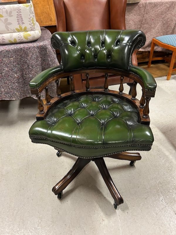 Brights of Nettlebed Green Leather Chesterfield Captains Chair