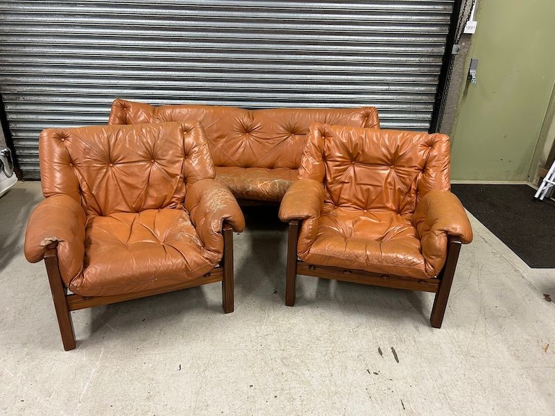 Mid Century Jean Gillion 'Tijuca' Brazilian Hardwood & Leather Three Piece Suite
