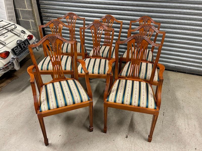 A Super Set of Eight Yew Wood Hepplewhite Style Wheat Sheaf Dining Chairs
