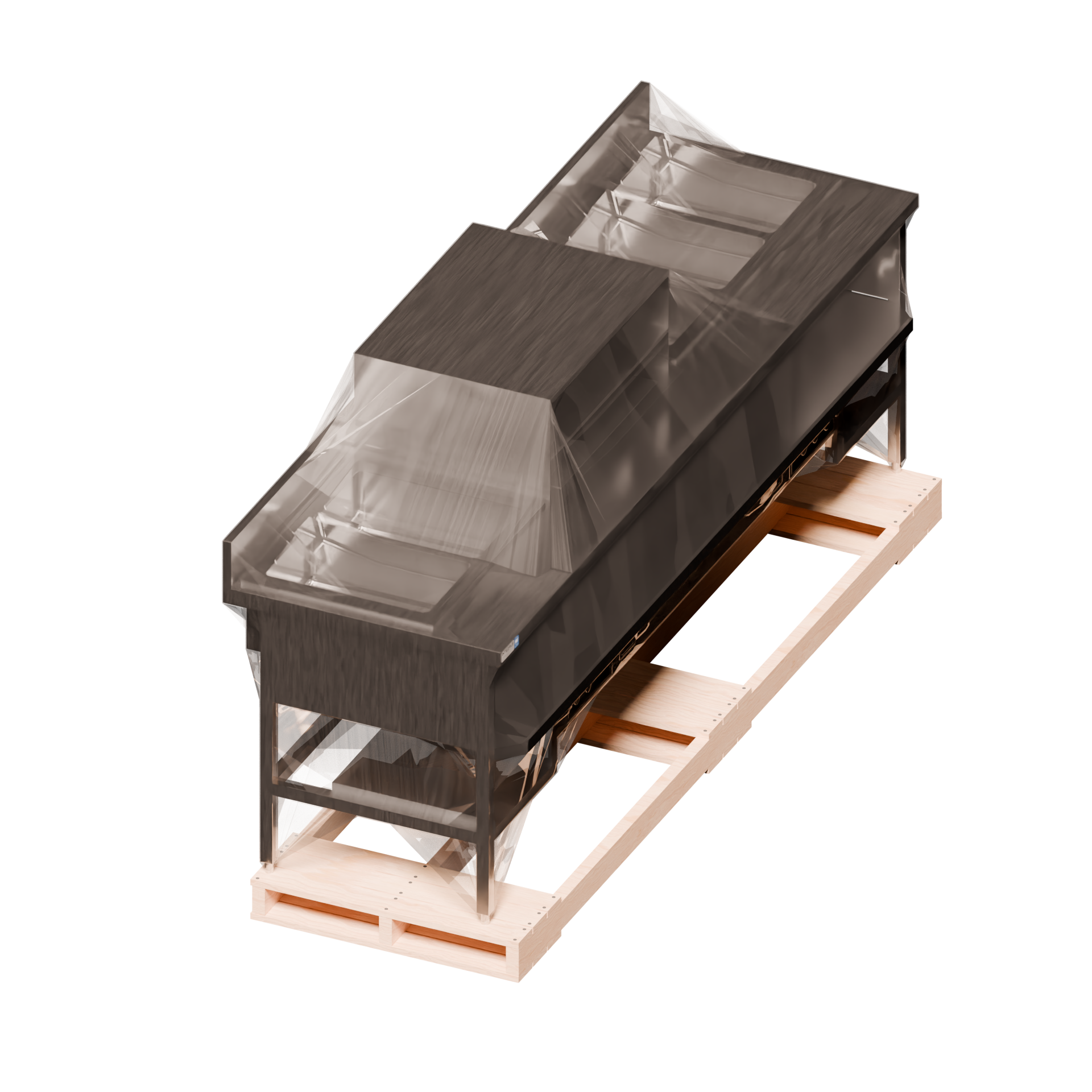 Photo of a complete 3D Render of our Double Push Steam Table on a wood pallet