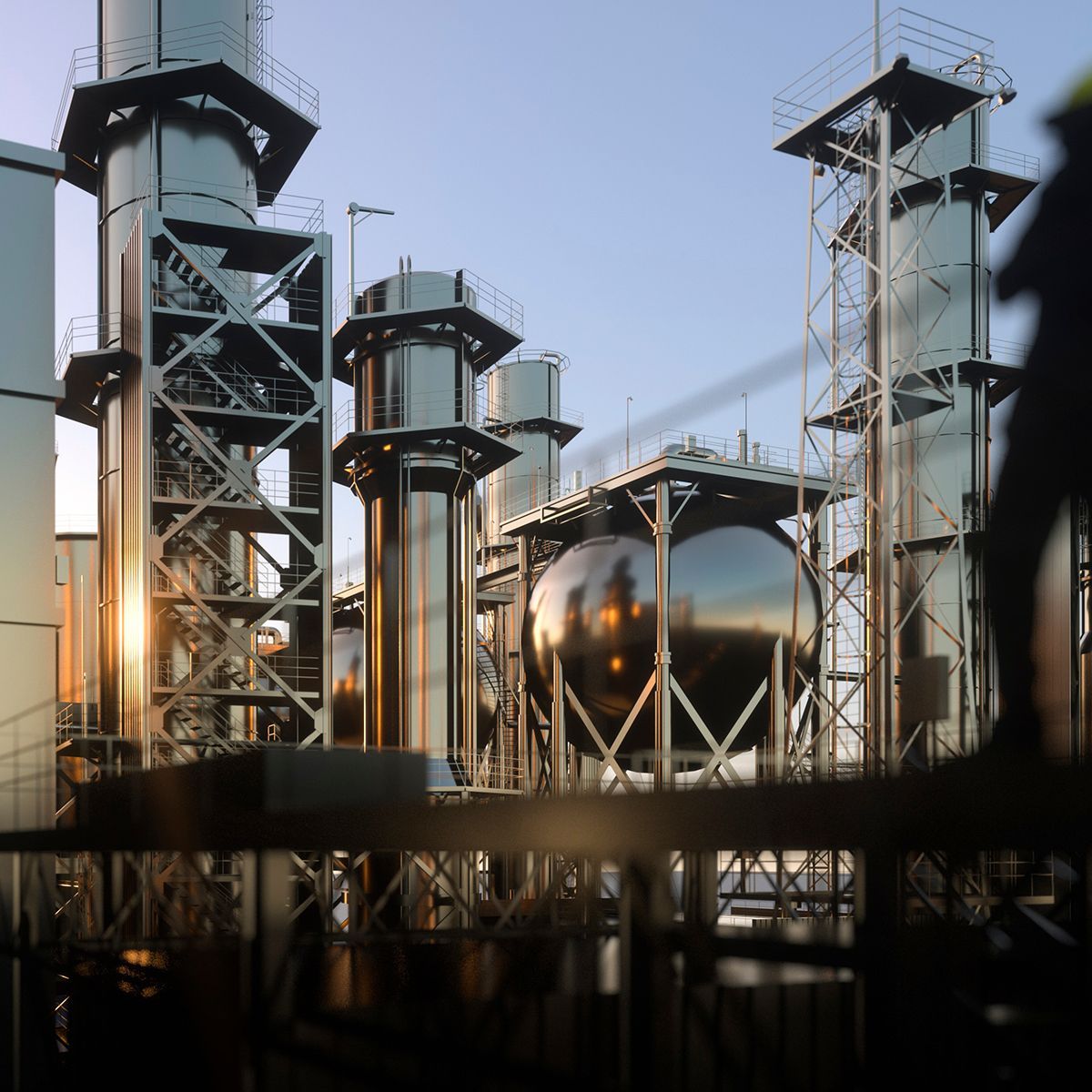A group of people are standing in front of a large industrial plant.