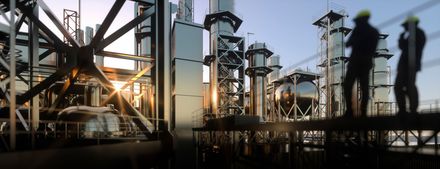 Industrial Facility Metal Fabrication A group of people are standing in front of a large industrial plant.