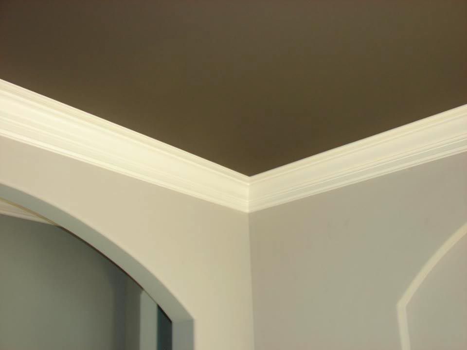 Corner of room with white crown molding, light gray walls, and a dark brown ceiling.