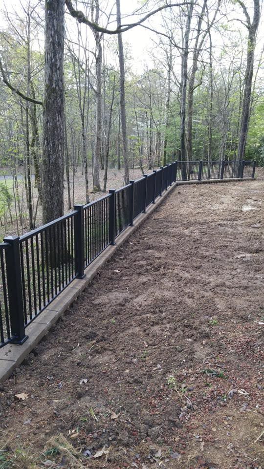Black metal fence bordering a dirt yard with trees in the background.