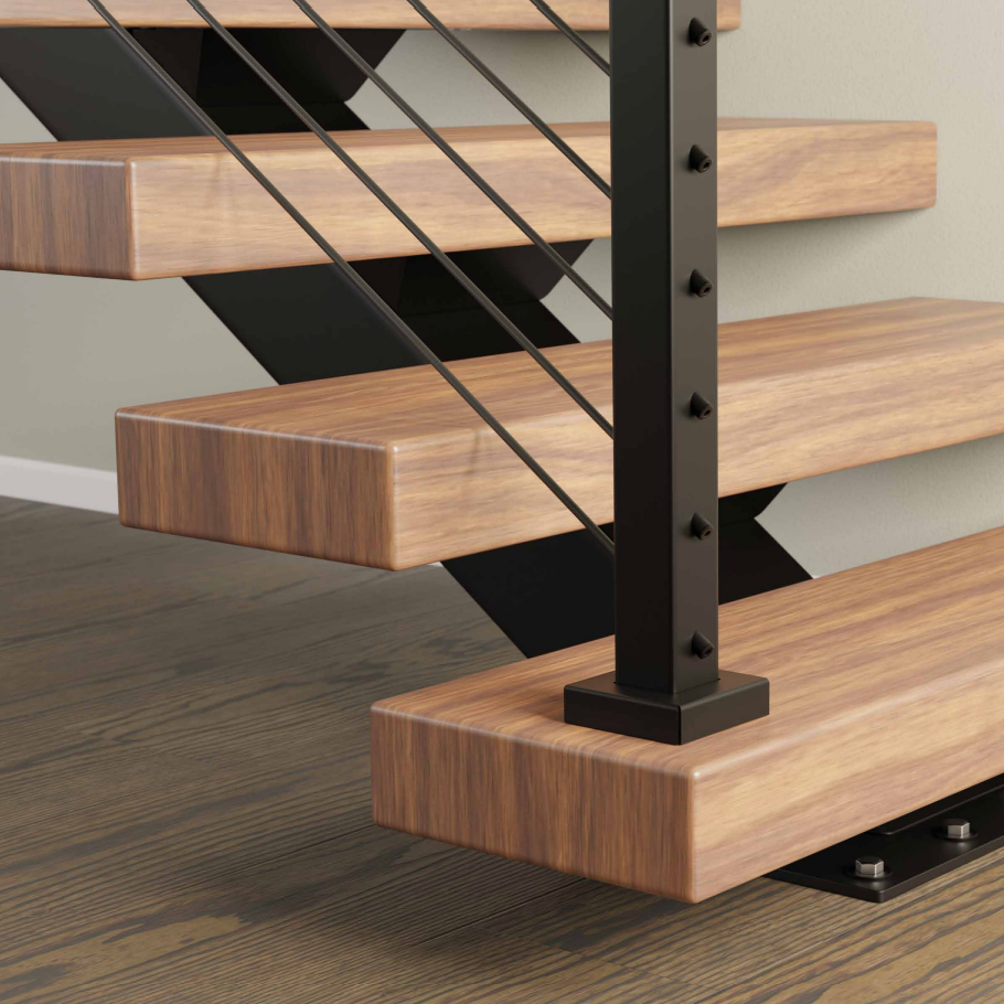 Modern staircase with wooden steps, black metal supports, and cable railings.