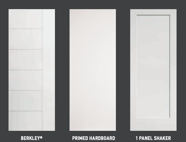 Three white interior doors: Berkley, Primed Hardboard, and 1 Panel Shaker.