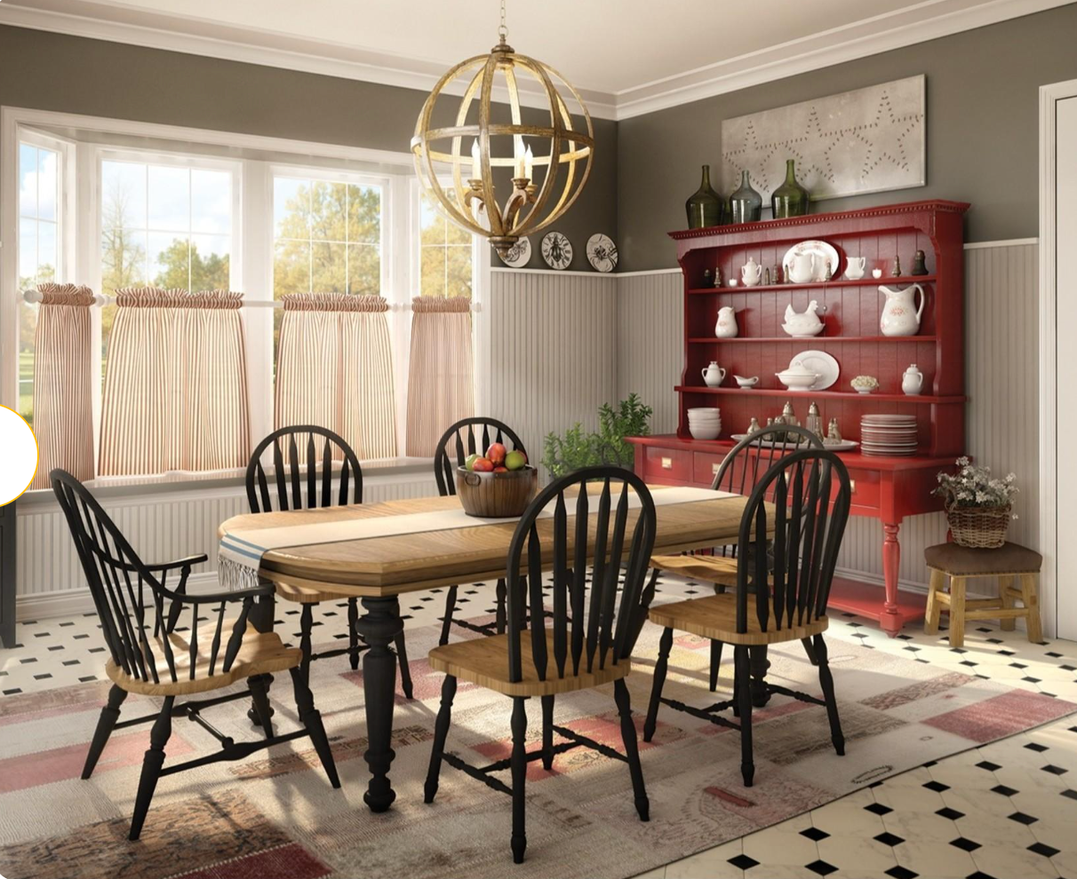 Dining room with table and chairs, window, hutch, and decorative lighting.