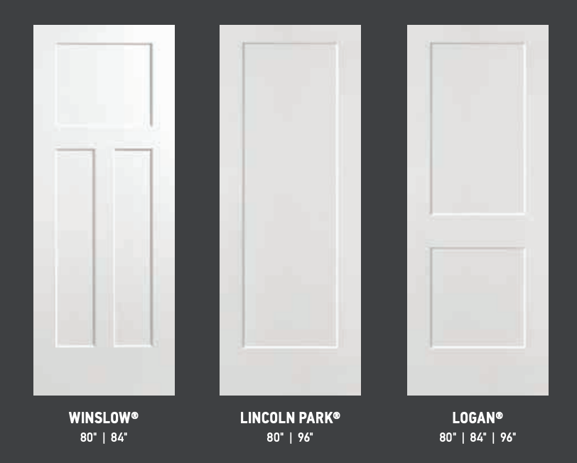Three white interior doors: Winslow (3 panels), Lincoln Park (1 panel), Logan (2 panels).