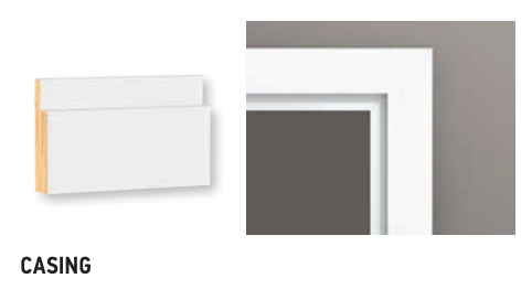White casing with a beveled edge, next to a close-up of a framed wall.