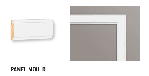 White panel molding profile and installed corner detail against a gray wall.