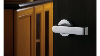 Silver door handle on a dark wood door; light wood cabinet in background.