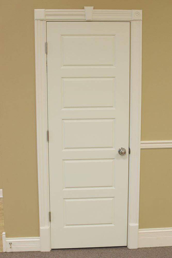 White 5-panel door with matching frame, set in beige wall. Doorknob visible, door closed.